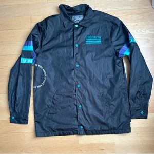 Brooklyn New York Jacket Size Small NYC Windbreaker.  Black, Snap Buttons, Large